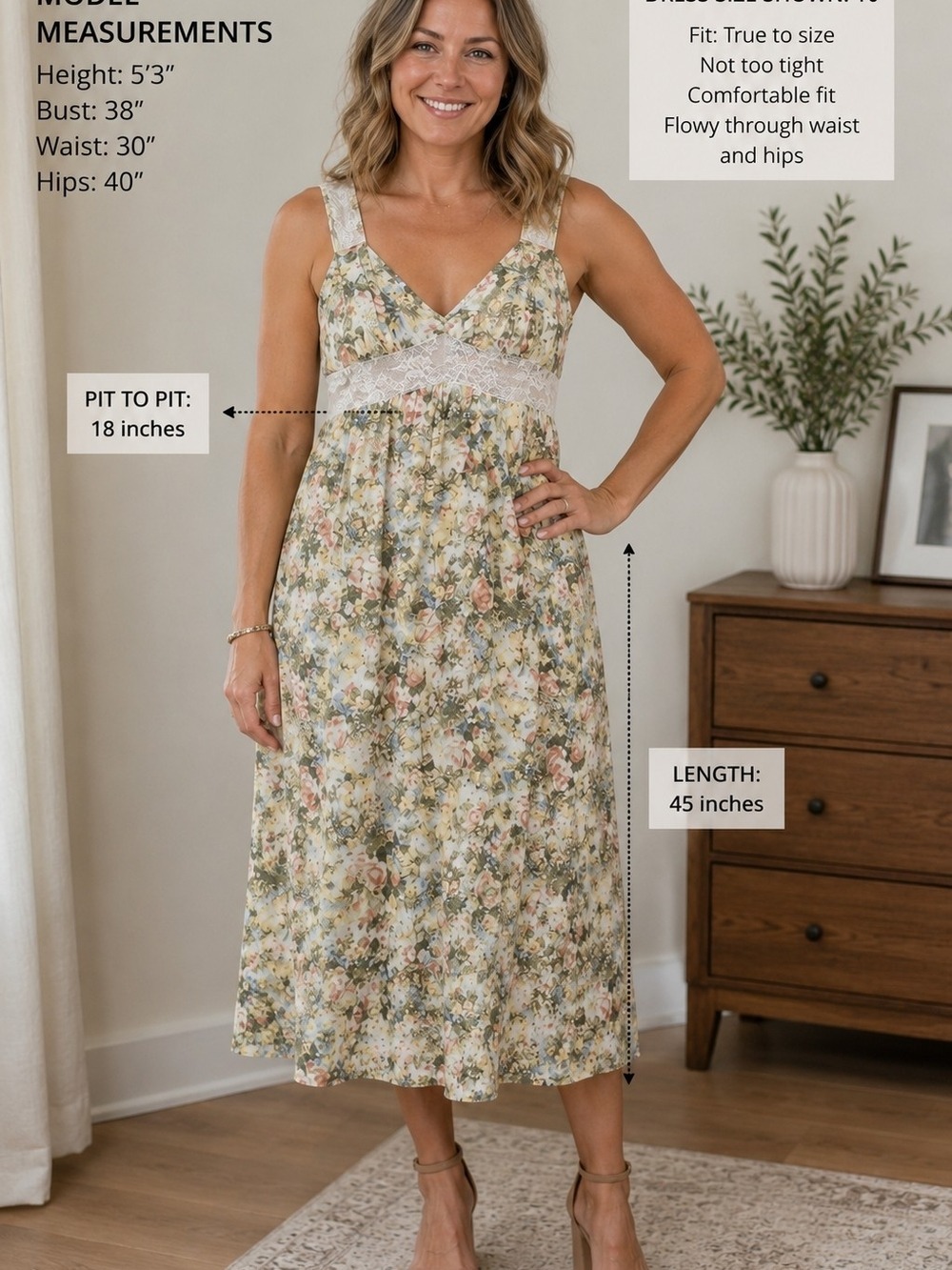 Danielle Bernstein Floral Midi Dress Lace Trim Cottagecore Size 10